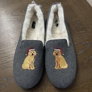 Talbots Slippers Womens Size 8 Medium Faux Fur Dog Embroidered Holiday Indoor